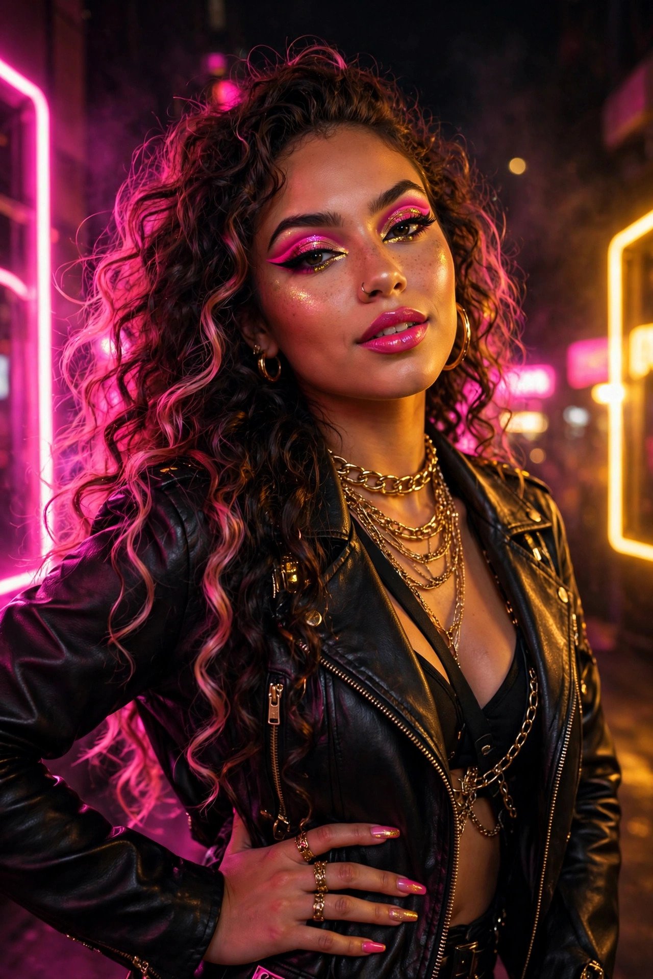 Confident young woman with neon pink lighting showing bold baddie usernames style