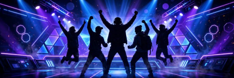 Gaming squad celebrating in a neon esports arena, hero art for a clan name generator guide with 200 name ideas
