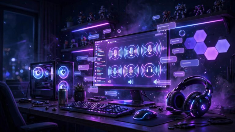 Neon gaming setup banner representing cool Discord names with voice chat energy