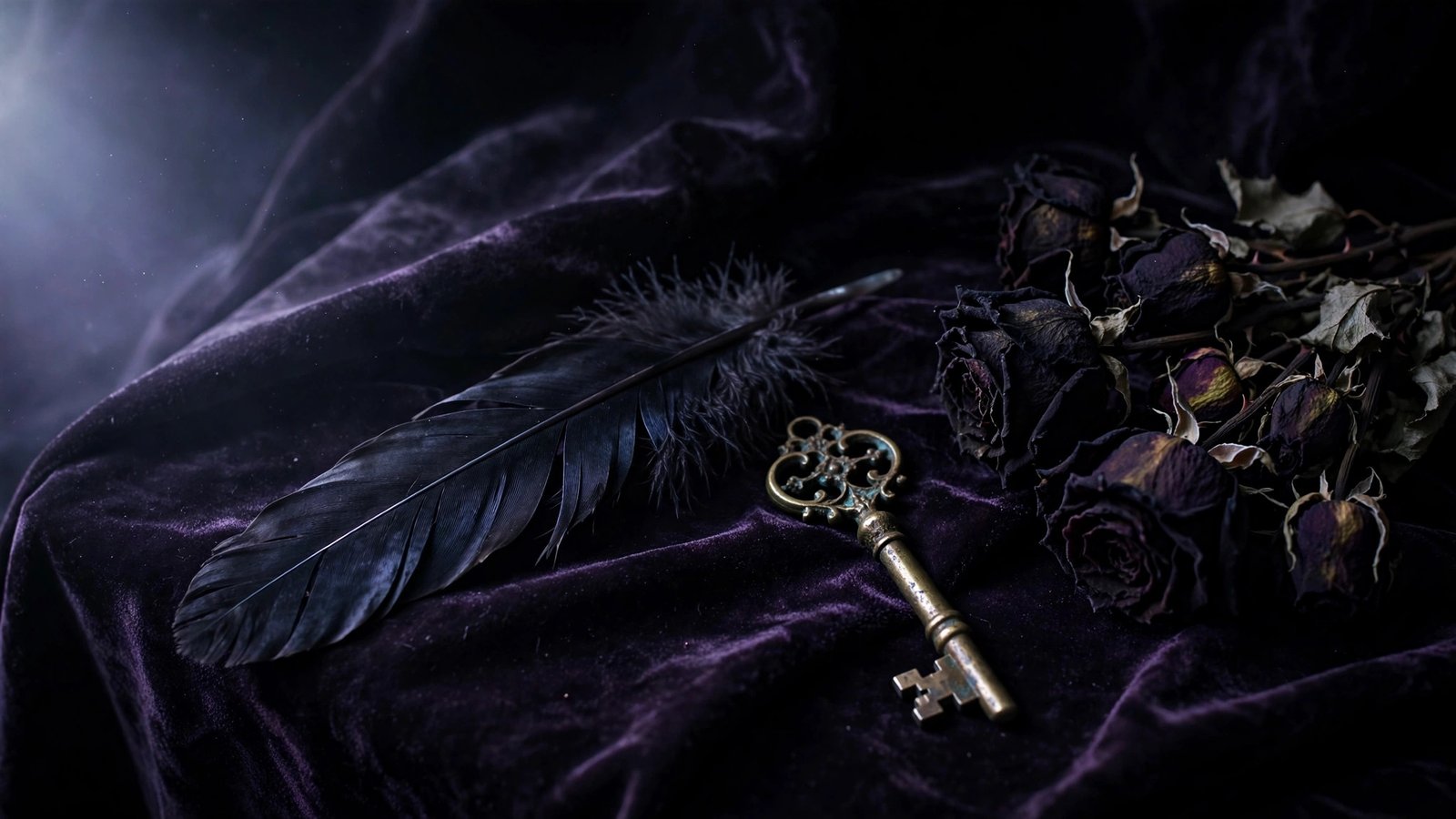 Dark aesthetic usernames featured image with gothic raven feather and black roses