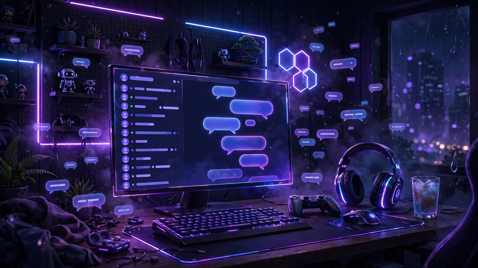 Cozy neon gaming room with chat app screen for the discord username generator article