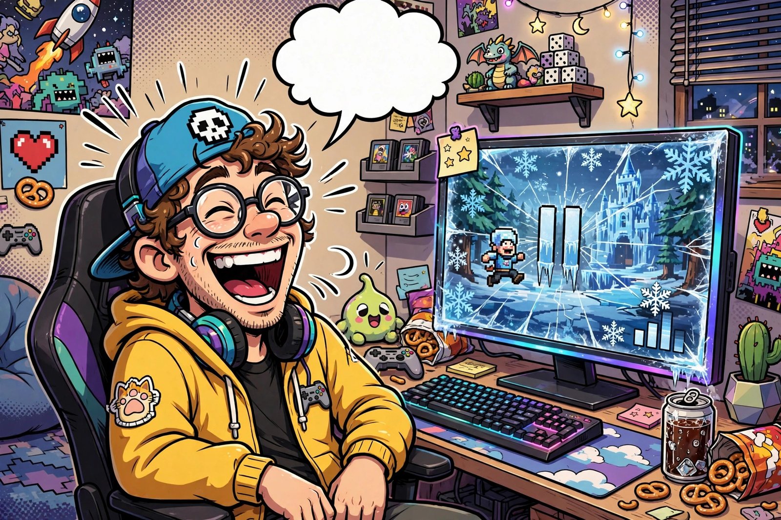 Funny username ideas for gamers — cartoon player laughing at a laggy screen with self-roast gamertag humor