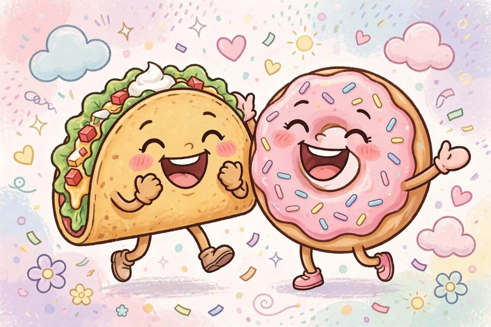 Hilarious food pun usernames — cute cartoon taco and donut characters laughing together
