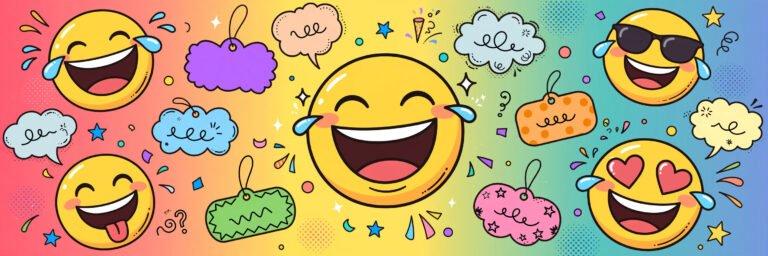 Funny username generator ideas — a colorful illustration of laughing faces and playful username tags for TikTok, Instagram and gaming