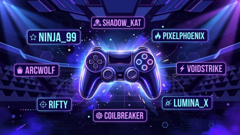 Gamer username generator results showing cool gamer tags floating around a glowing game controller