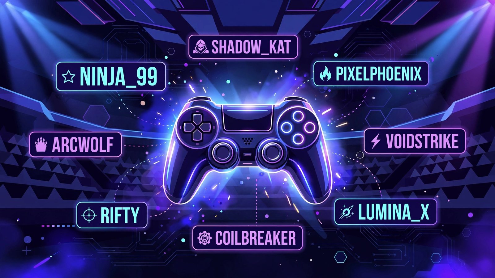Gamer username generator results showing cool gamer tags floating around a glowing game controller
