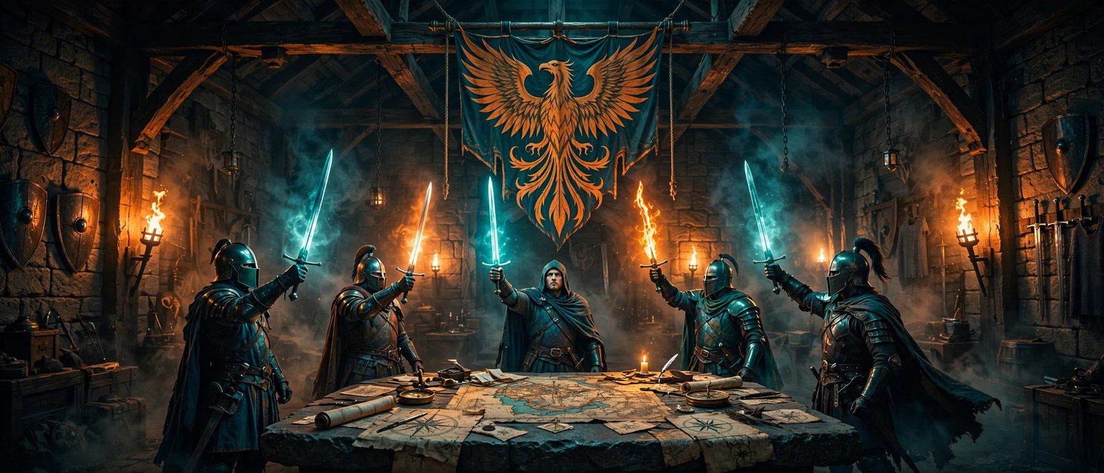 Armored guild members raising glowing swords under a phoenix banner, epic fantasy art for the guild name generator guide