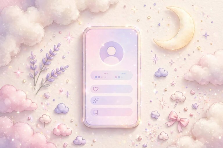 Dreamy pastel illustration showing how to make a username aesthetic on social media