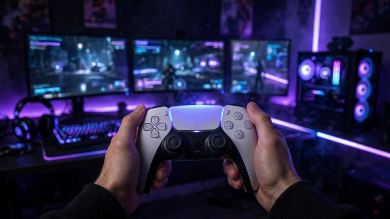 PS5 gamer with neon text showing PSN name generator ideas in a dark gaming room