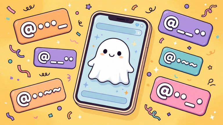Colorful illustration of fun snapchat username ideas with a ghost mascot and floating handle cards