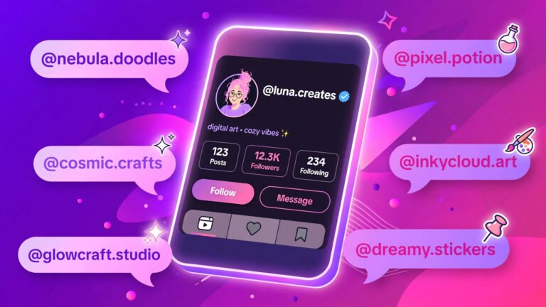 TikTok username generator ideas shown on a glowing phone with creative handle bubbles
