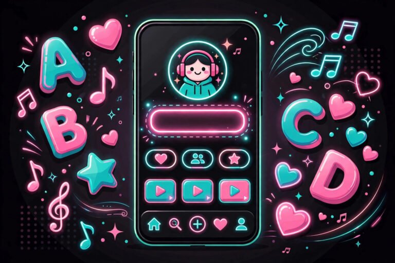 Creative TikTok username ideas collage with phone mockup and neon social icons