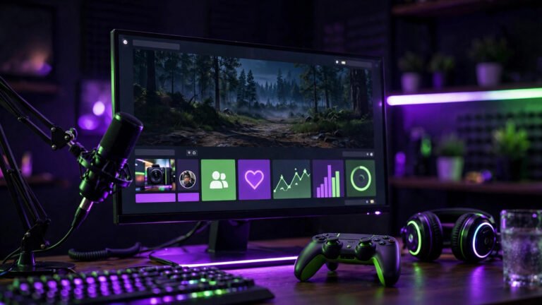 Gamer brainstorming cool twitch username ideas on a glowing Twitch stream setup