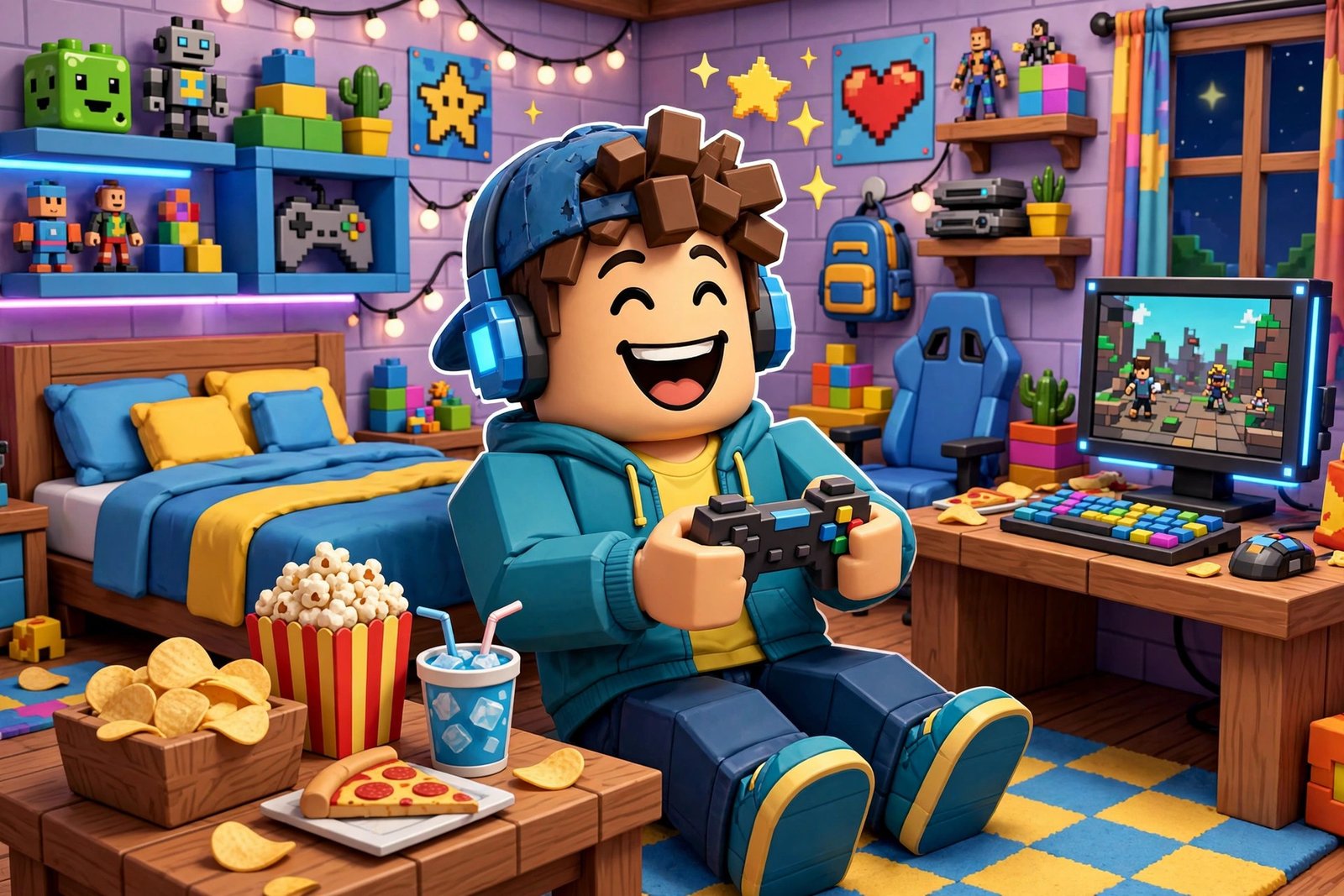 Funny usernames for Roblox boys with a playful gaming character and snacks
