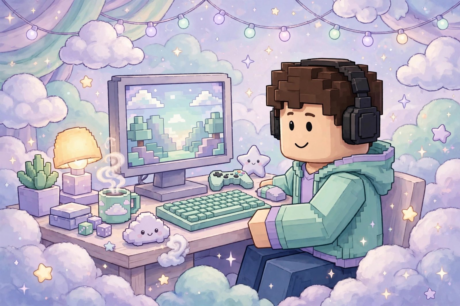 Aesthetic usernames for Roblox boys with a dreamy pastel gaming setup