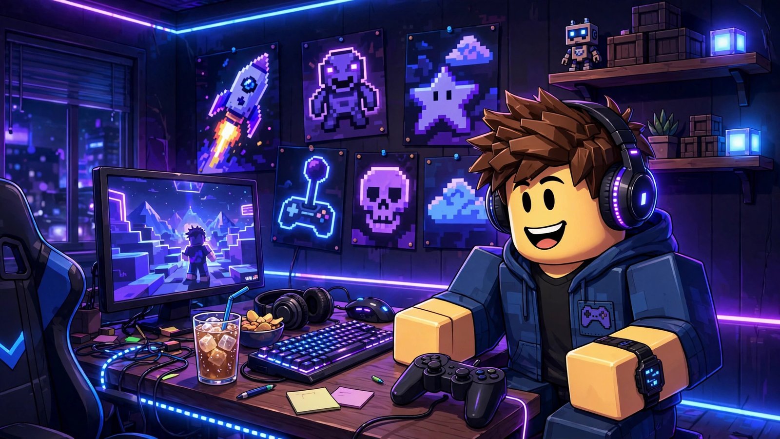 Cool usernames for Roblox boys illustrated with a gamer avatar in a neon gaming room