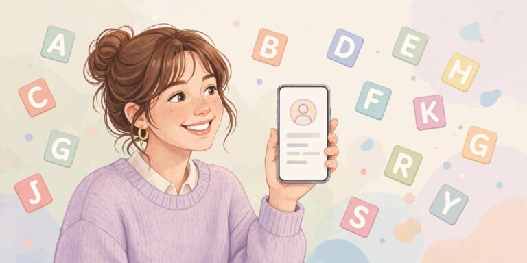 Young woman picking from 200 clean usernames without numbers on her phone