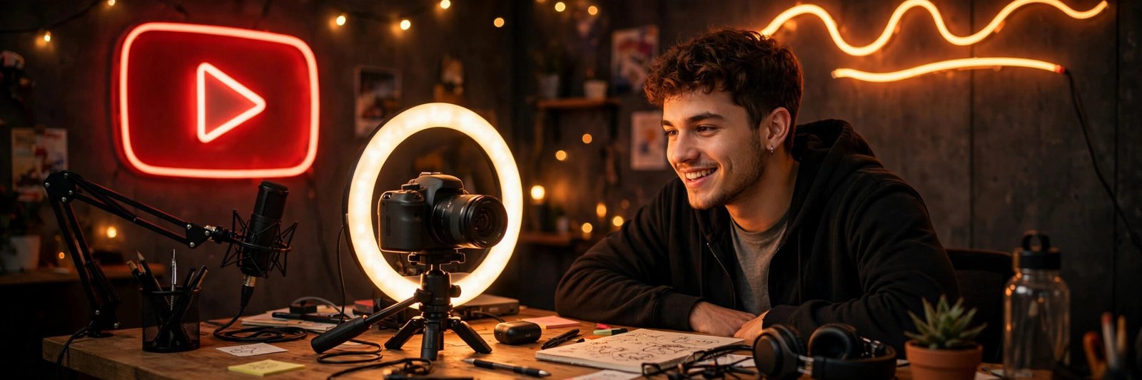 YouTube channel name ideas banner showing a creator desk with camera, ring light and red play button art