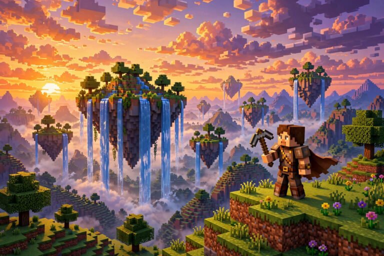 Good Minecraft usernames list with a blocky hero in a voxel sunset world