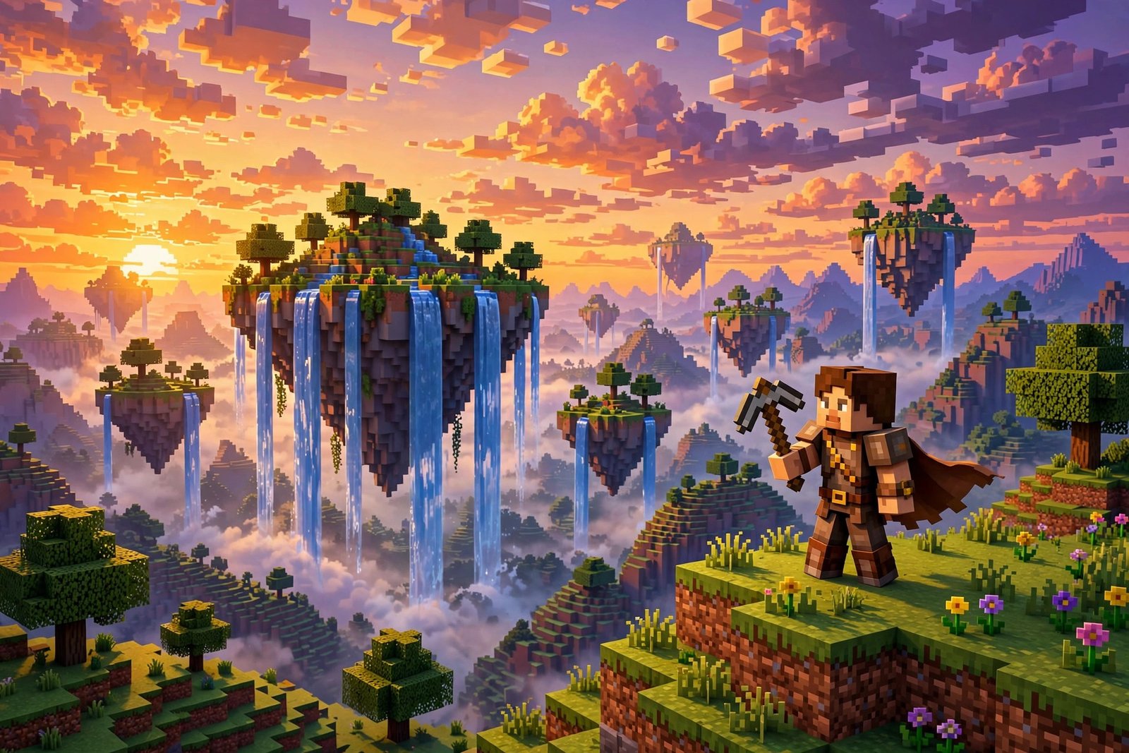 Good Minecraft usernames list with a blocky hero in a voxel sunset world