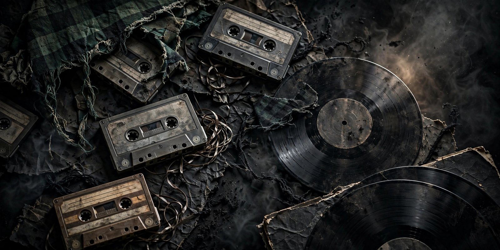 Dark grunge usernames collage with torn flannel, cassette tapes, and smoke in moody 90s style