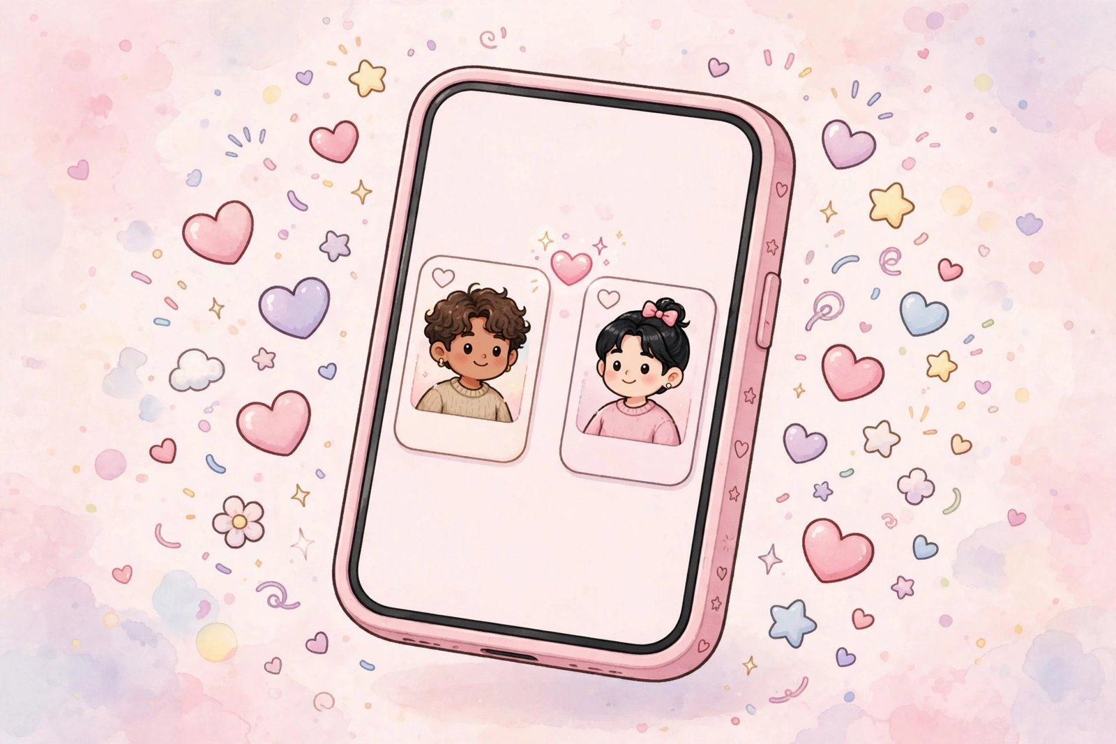 Cute matching usernames for couples with pastel hearts and a smartphone showing paired profiles