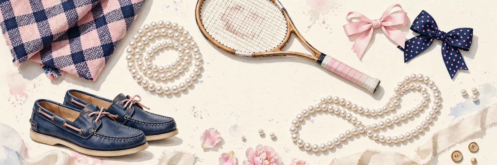 Preppy usernames mood board with plaid, pearls, tennis racket and bows