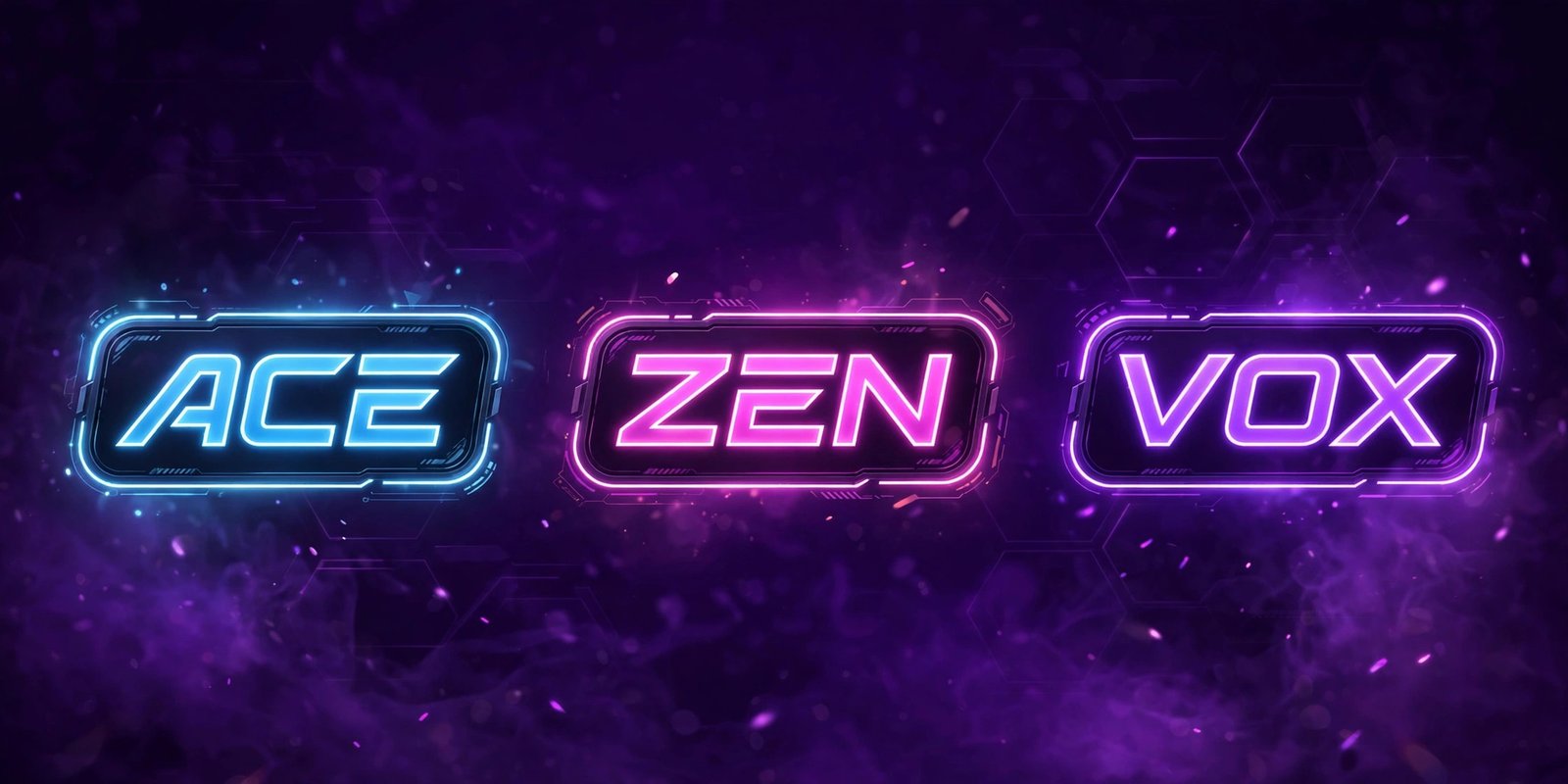 Glowing neon rare 3 letter usernames like Ace, Zen and Vox floating over a dark purple gaming background