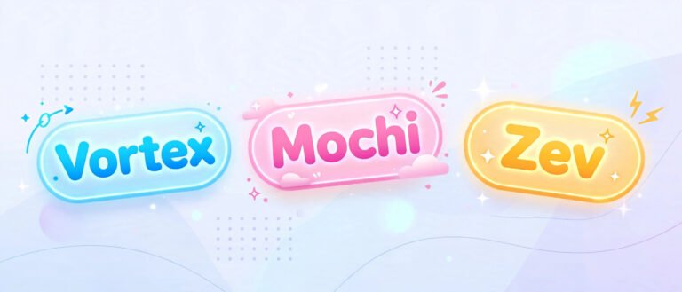 Featured collage of short usernames like Vortex, Mochi and Zev as glowing letter badges