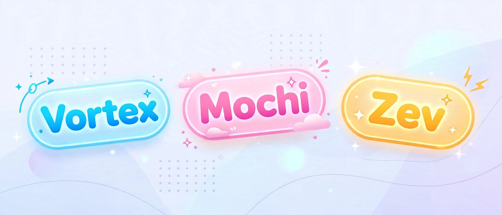Featured collage of short usernames like Vortex, Mochi and Zev as glowing letter badges