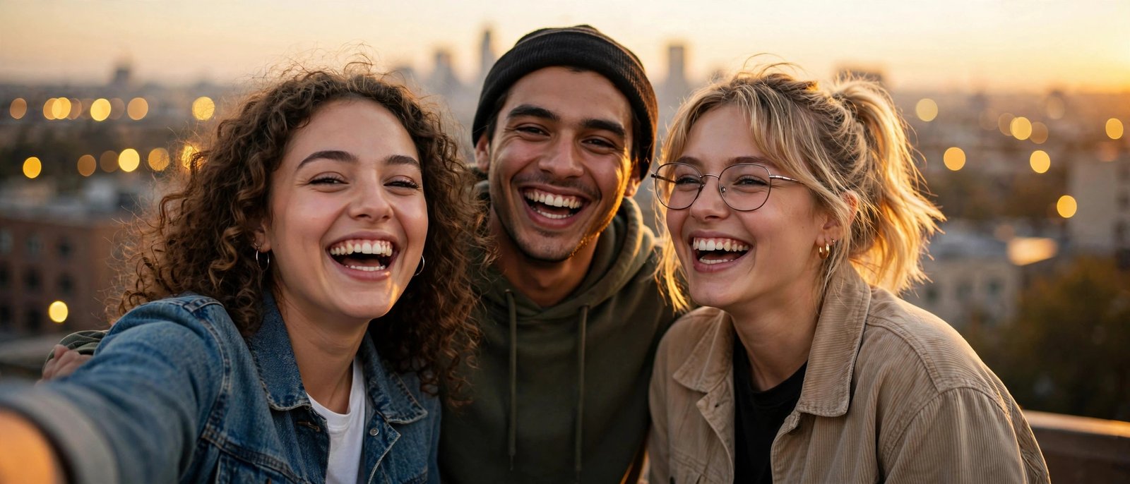 Three happy friends laughing together while choosing trio usernames for their group