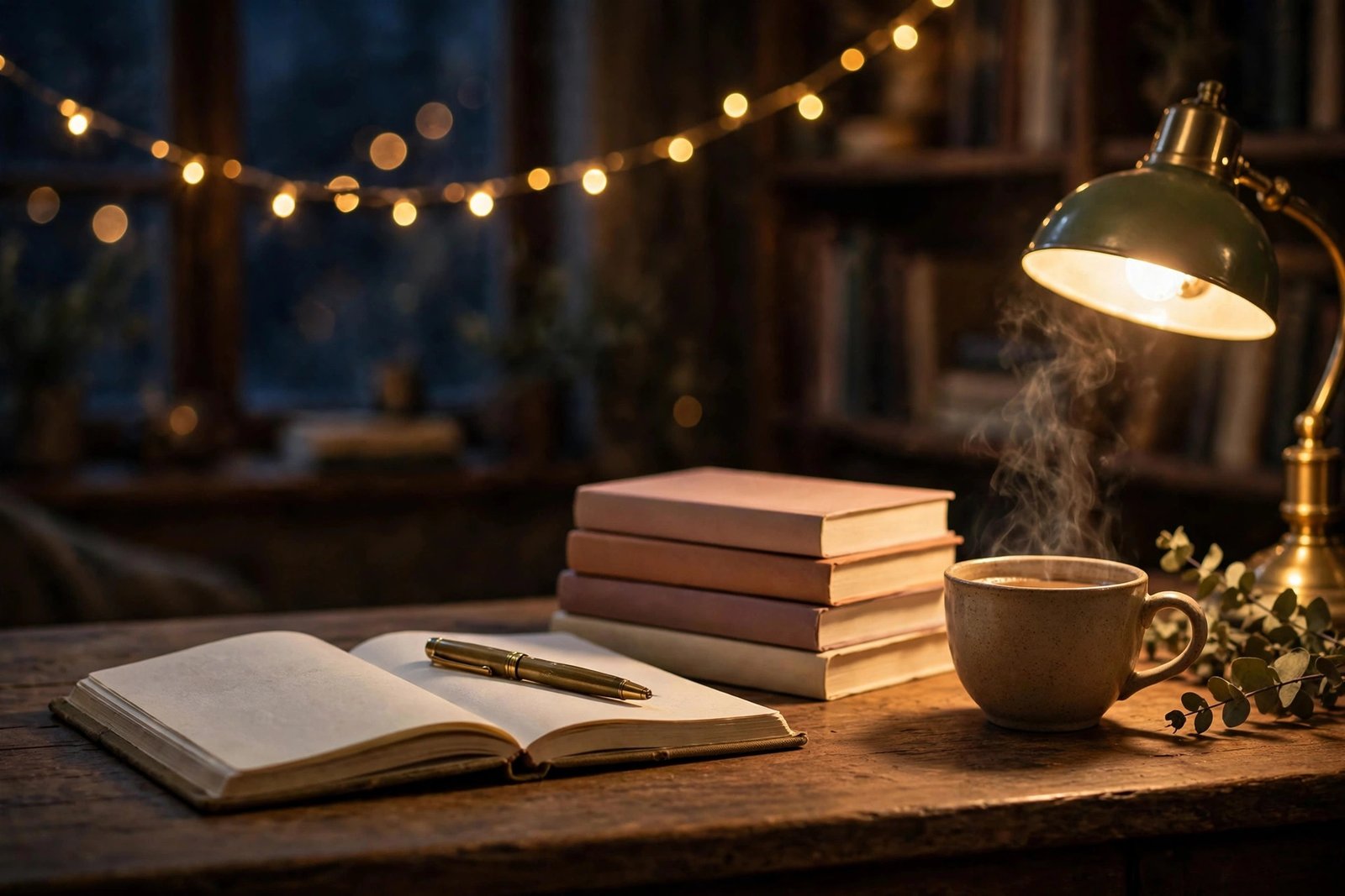 Cozy writer's desk with notebook and novels inspiring username ideas for Wattpad