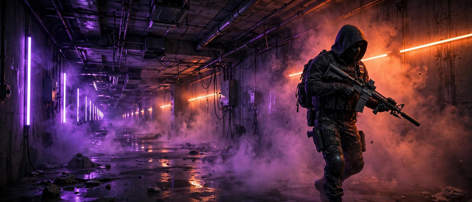 Hooded tactical shooter agent in a neon corridor — bold valorant name ideas for your Riot ID