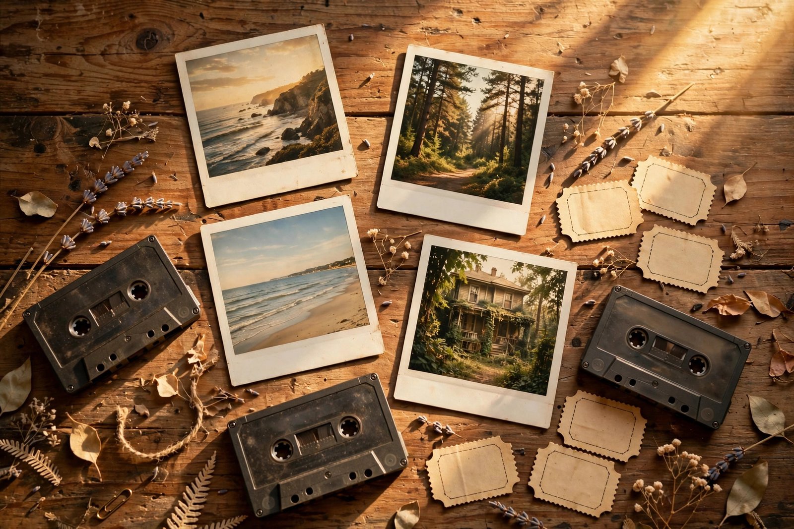 Polaroid photos and cassette tapes showing vintage usernames with meanings for old soul profiles