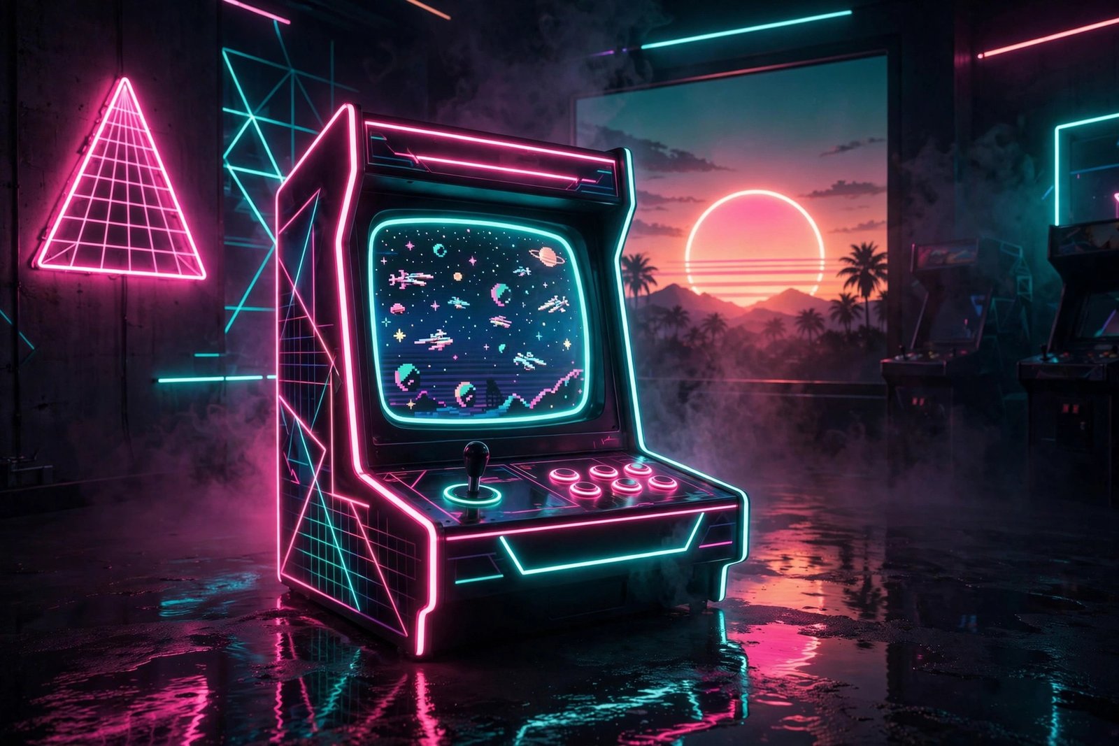 Neon 80s arcade scene with retro gamer vintage usernames in glowing synthwave colors
