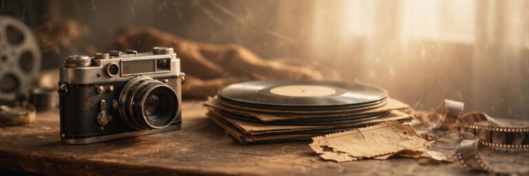 Collection of charming vintage usernames with a retro film camera and vinyl records in warm sepia light