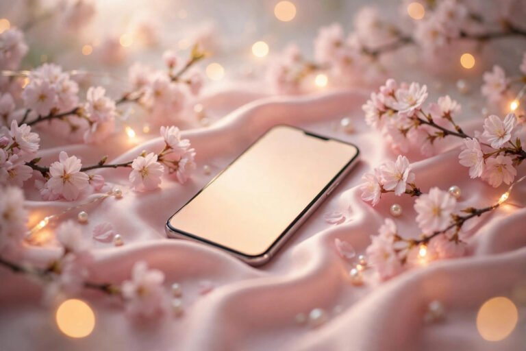 Dreamy flat-lay of a smartphone on pink silk with cherry blossoms representing aesthetic usernames for Instagram