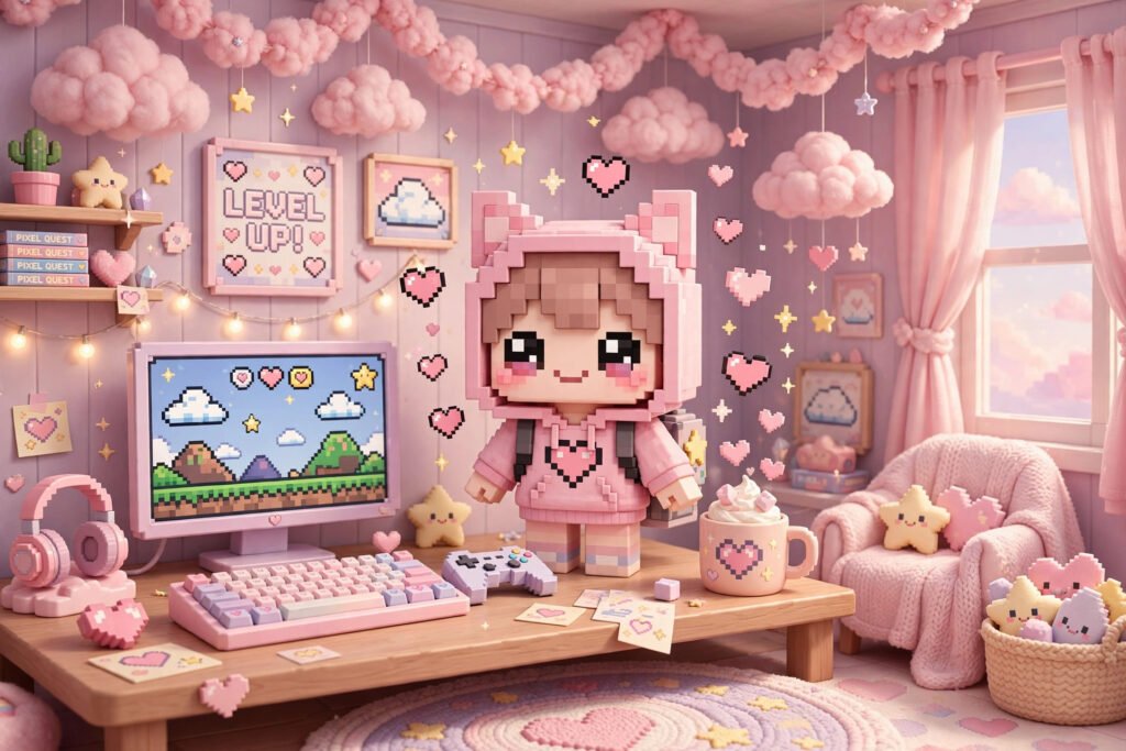 Cute pastel gaming room with kawaii Roblox avatar