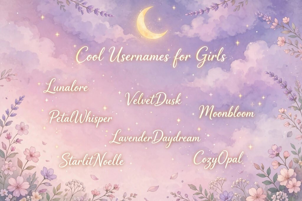 Aesthetic cool usernames for girls written in dreamy pastel lettering with flowers