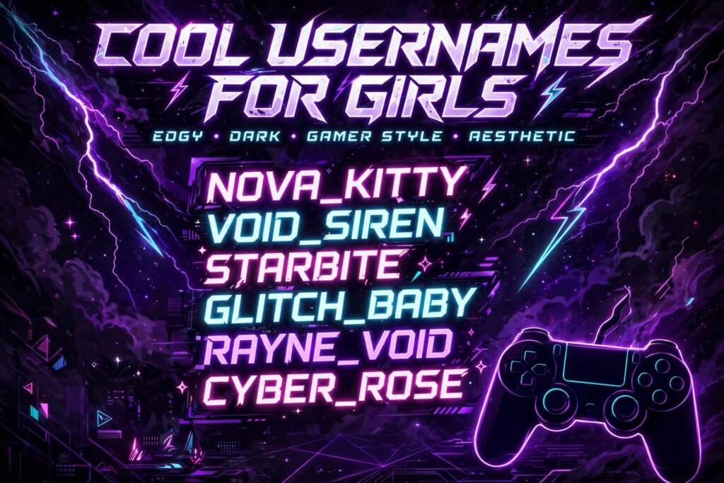 Dark edgy cool usernames for girls in glowing gamer style with neon effects