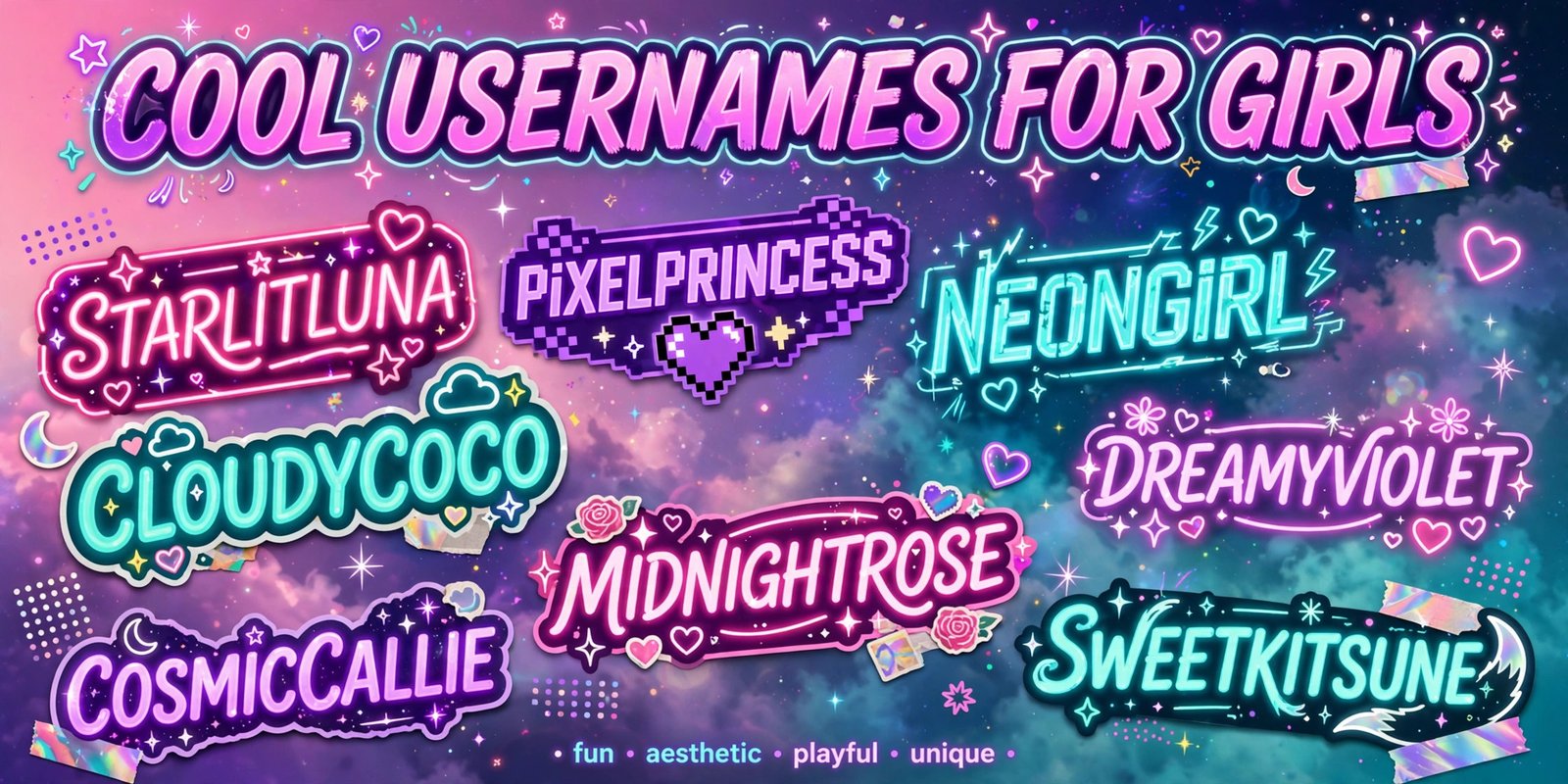 Collage of cool usernames for girls in bold neon style for Instagram and TikTok profiles