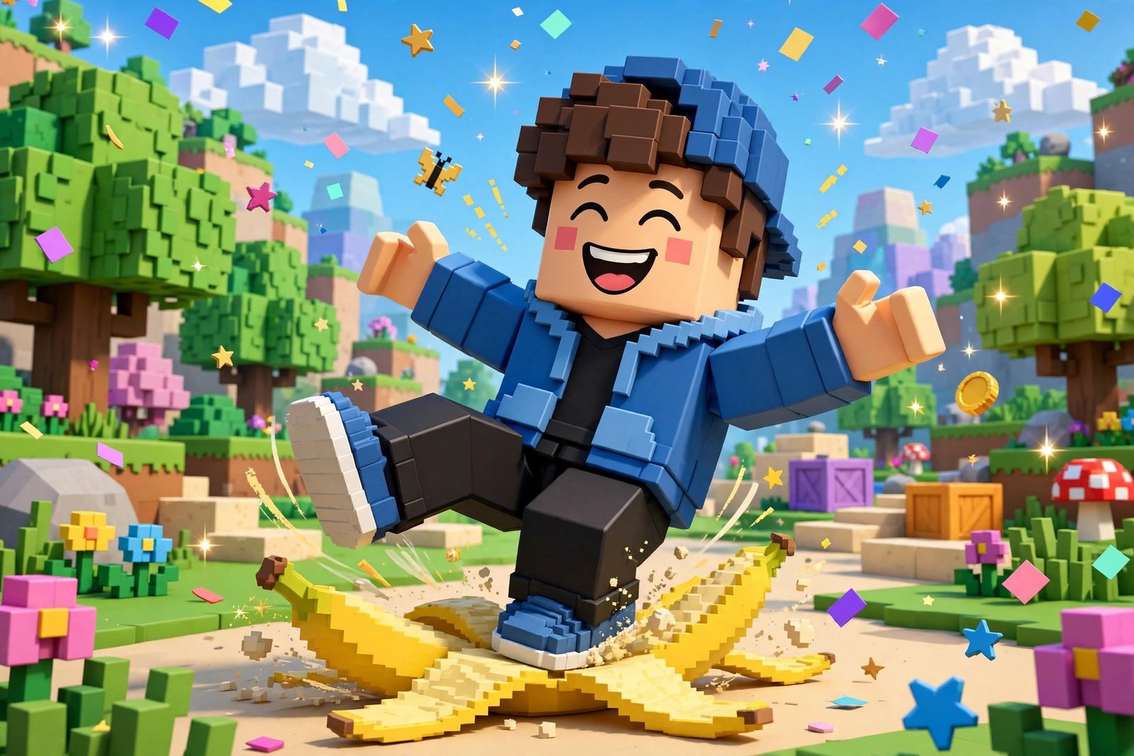 Laughing blocky avatar slipping on a banana peel, funny good names for Roblox