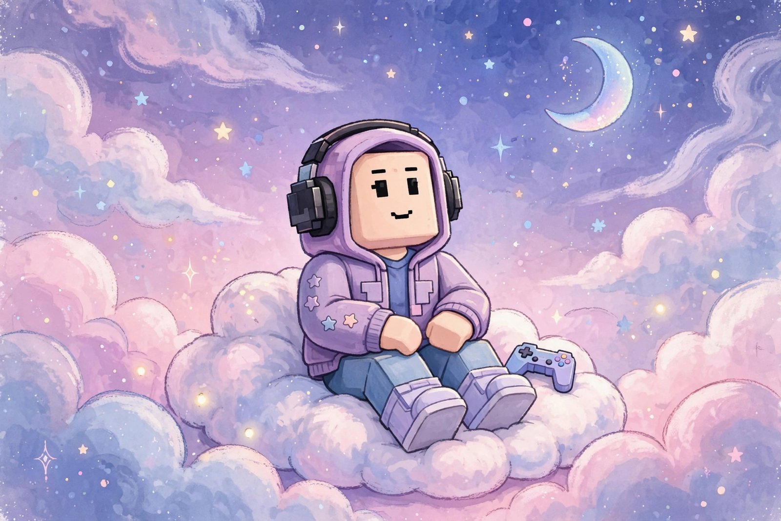 Dreamy pastel avatar under a starry sky, aesthetic good names for Roblox