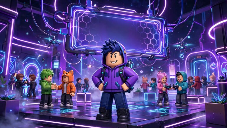 Roblox avatar in a neon lobby with a glowing username board showing good names for Roblox