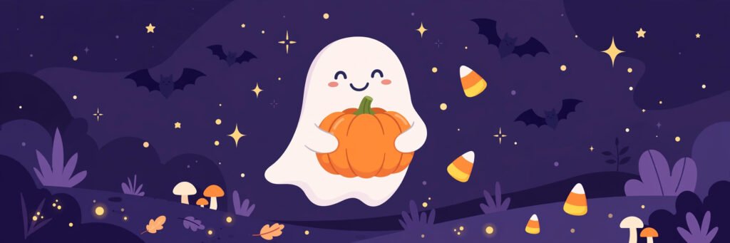 Cute cartoon ghost holding a pumpkin with candy corn - cute halloween usernames