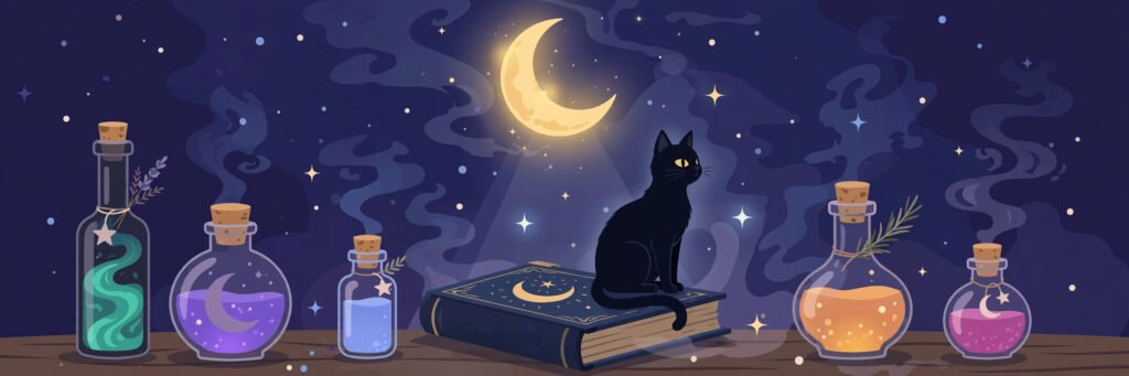 Witchy crescent moon with potion bottles and a black cat - witchy halloween usernames