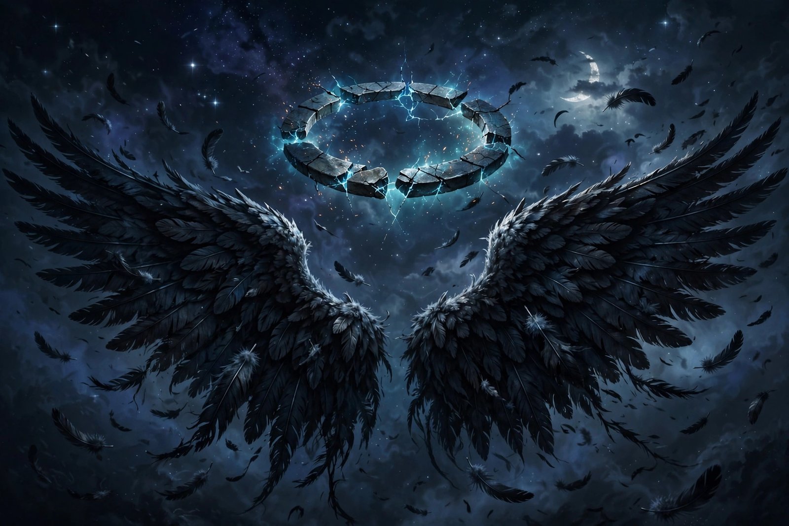 Black angel wings with a cracked halo under a night sky for dark angel usernames