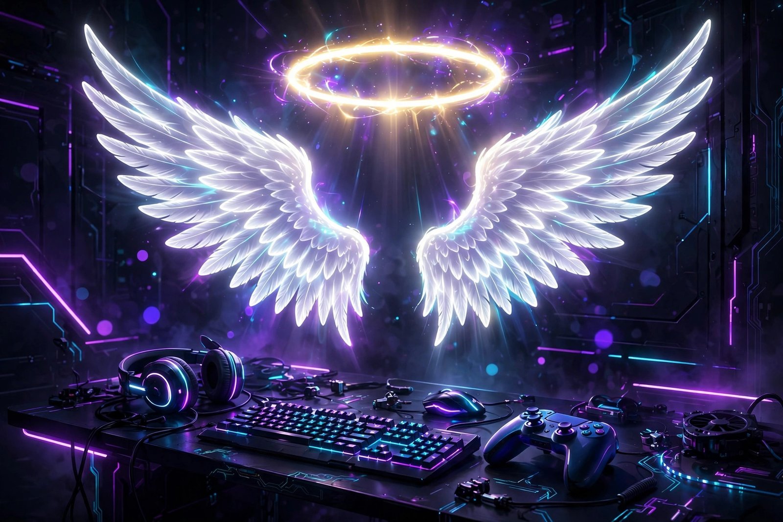 Neon angel wings and halo over a gaming setup for gamer angel usernames