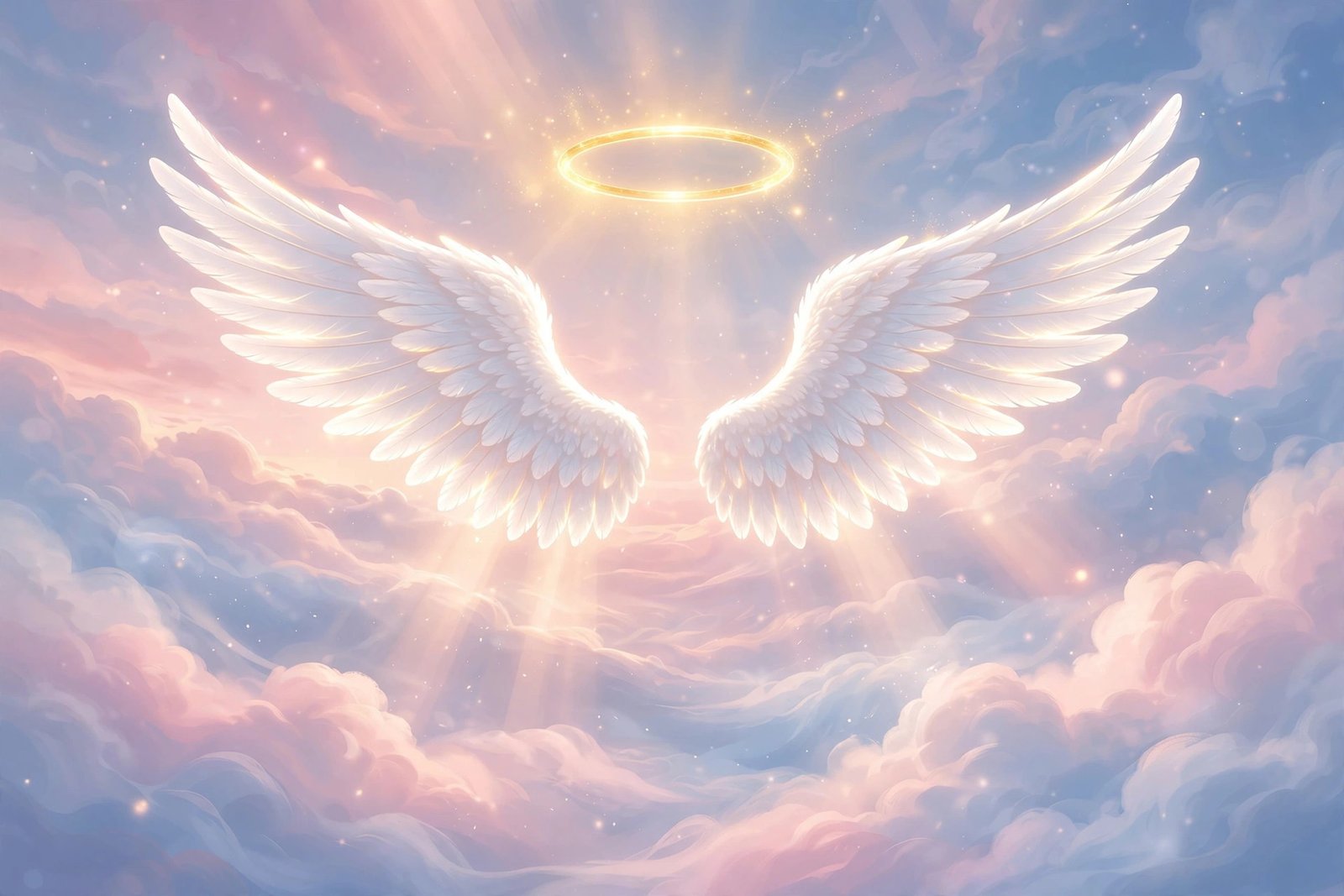 Glowing angel wings and golden halo above pastel clouds for angel usernames