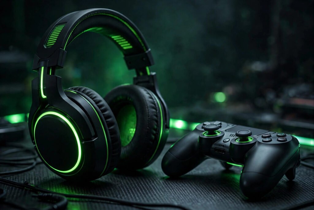 Gaming headset with neon green glow beside a controller for cool Xbox gamertags